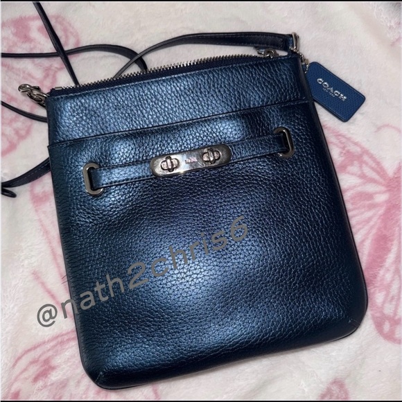 COACH Swingpack Metallic Blue Pebble Leather CrossBody Bag EUC - Picture 2 of 14